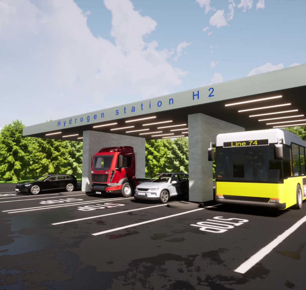En la imagen se muestra una estación de carga de hidrógeno