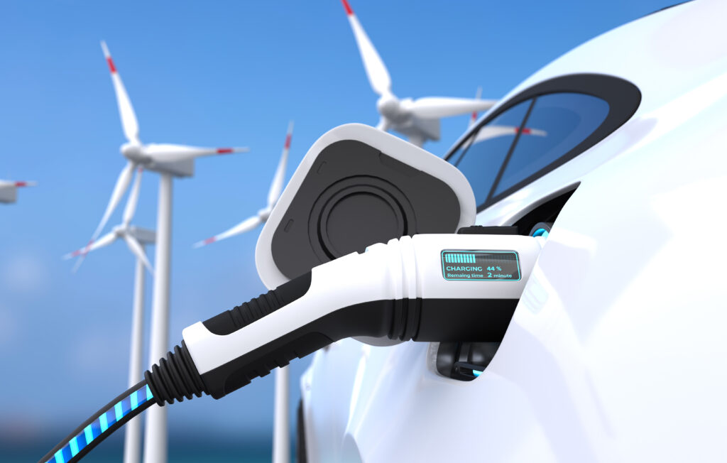 Electric car power charging, Charging technology, Clean energy filling technology. 3D illustration