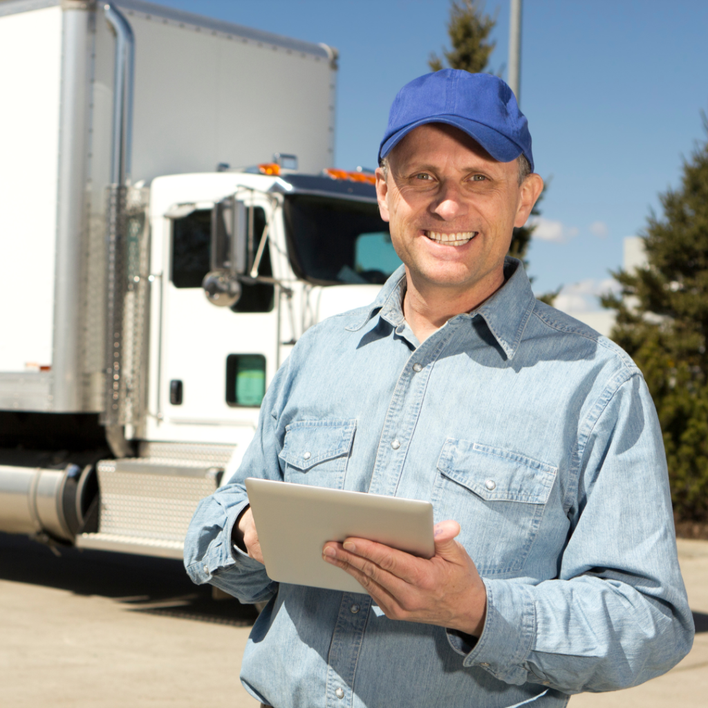 En la imagen se muestra un camionero sonriendo frente a un camión, con una tableta en manos