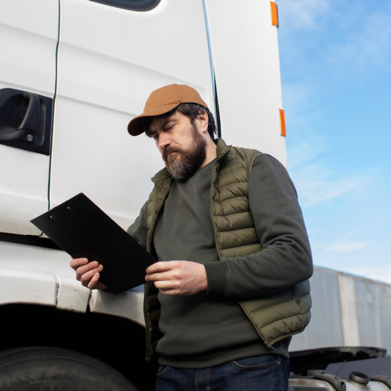 En la imagen se muestra un hombre con expresión preocupada, recargado en un camión de color blanco, sosteniendo papeles en su mano