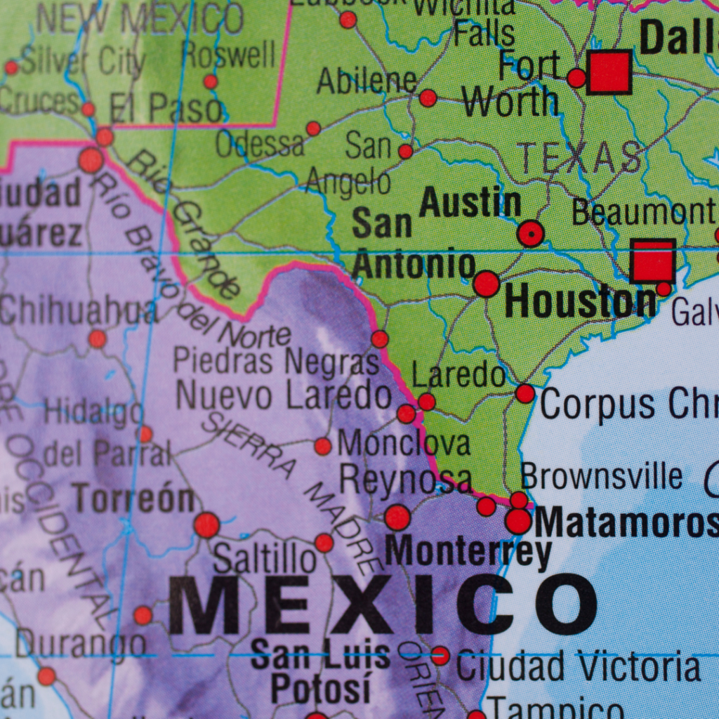 En la imagen se ve un mapa que muestra la frontera entre Texas y México.