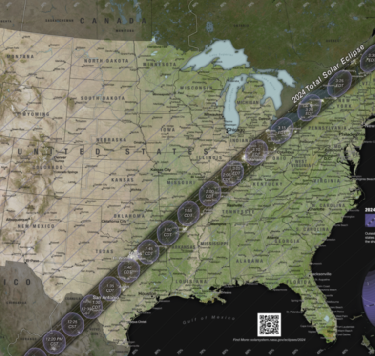 En la imagen se muestra la trayectoria del eclipse solar 2024