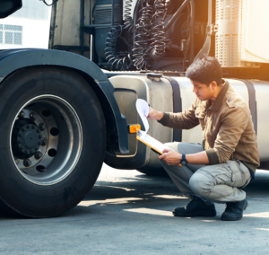 En la imagen se muestra una persona inspeccionando un camióm