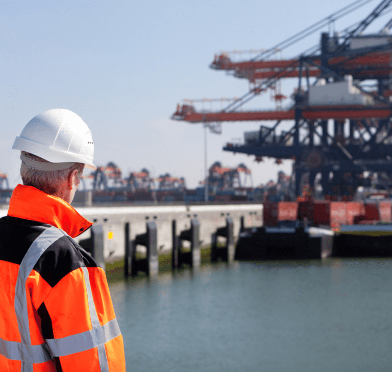En la imagen se muestra un trabajador en un puerto