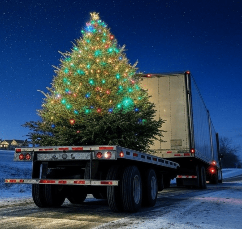 En la imagen se muestra un camión transportando un árbol de Navidad