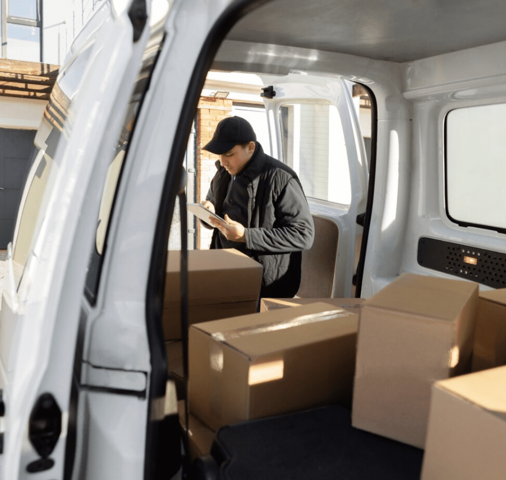 En la imagen e muestra un hombre cargando mercancía a un vehículo