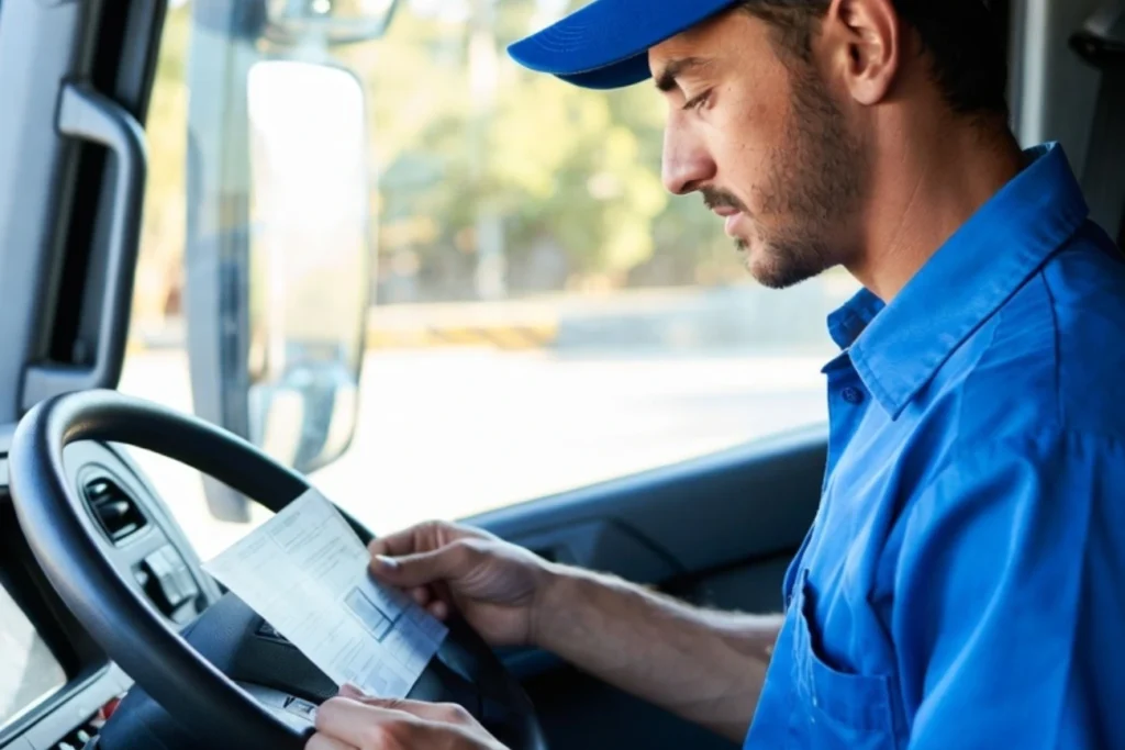 Chofer de camiones mira su licencia CDL